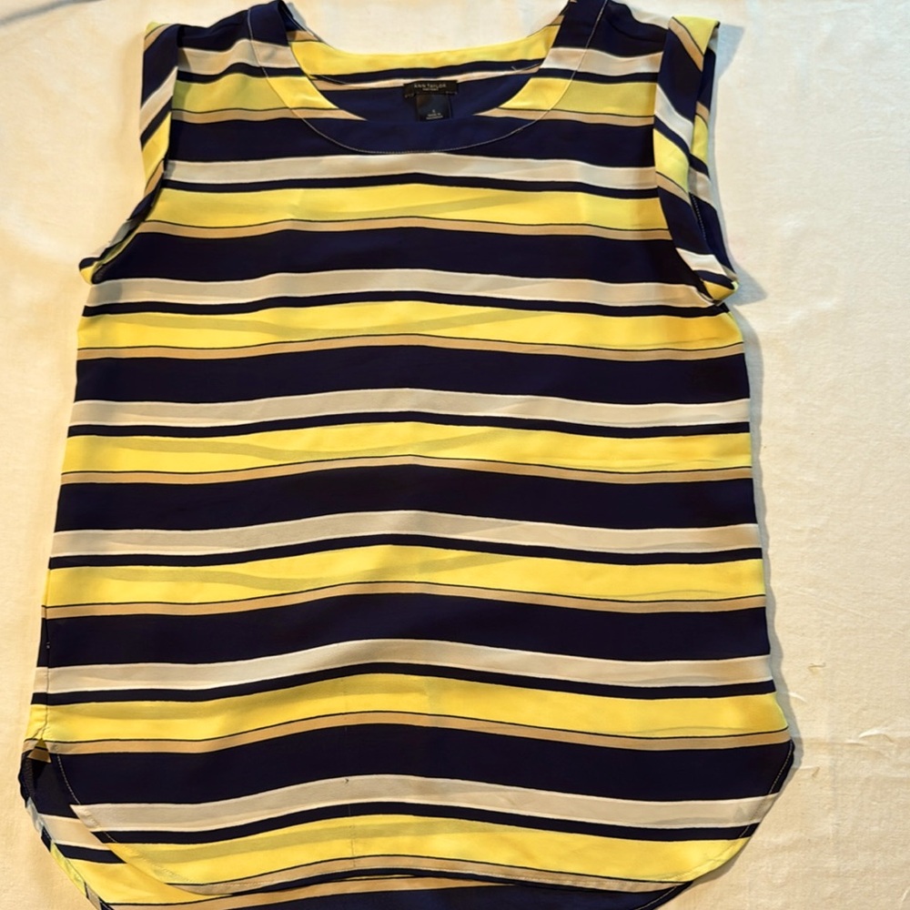 Ann Taylor Factory Blue And Yellow Striped Short Sleeve Blouse